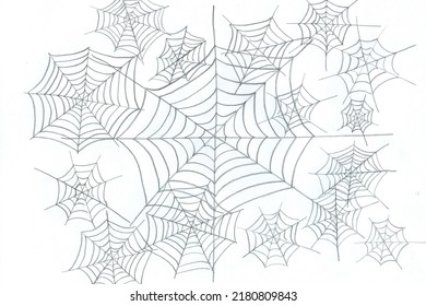 Pencil drawing of cobwebs, cobwebs, a lot of cobwebs. Hand-drawn background with cobwebs. A gloomy background drawn by hand.