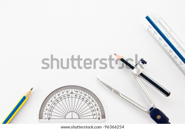 Pencil, Half circle ruler, dividers and\
ruler as drawing\
instruments.