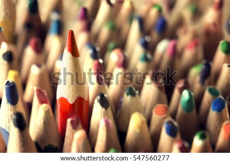 Pencil Leader Concept, Sharp in Used Pencils Crowd, New Unique Idea in Old Broken Business, Closeup