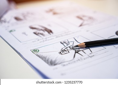 Pencil on Storyboard movie video layout for pre-production, storytelling drawing creative for process production media films. Script editors and writing graphic in form displayed in maker shooting