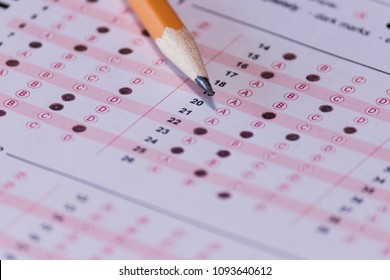 Pencil And Partially Completed Bubble Test Sheet Answer Form Selective Focus