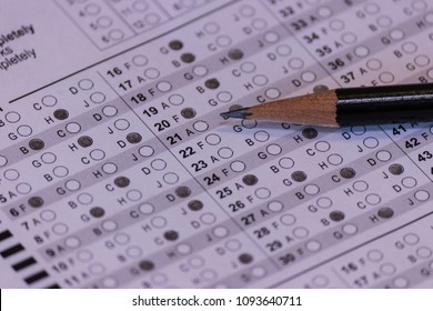 Pencil And Partially Completed Bubble Test Sheet Answer Form Selective Focus