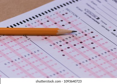 Pencil And Partially Completed Bubble Test Sheet Answer Form Selective Focus