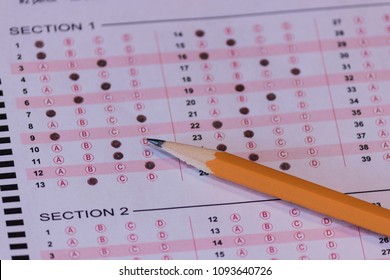 Pencil And Partially Completed Bubble Test Sheet Answer Form Selective Focus