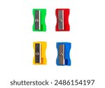 Pencil sharpeners isolated on white, transparent, top view, Bright color School supply	