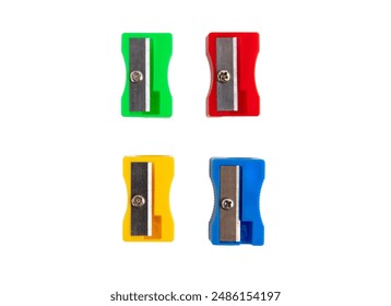 Pencil sharpeners isolated on white, transparent, top view, Bright color School supply	 - Powered by Shutterstock