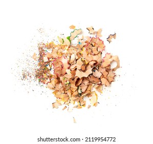 Pencil shavings  pencil lead trash isolated  Color pencils shaving garbage  waste heap cutting peel white background top view