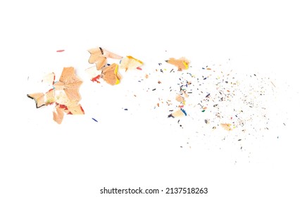 Pencil shavings  pencil lead trash isolated  Color pencils shaving garbage  scattered waste cutting peel white background