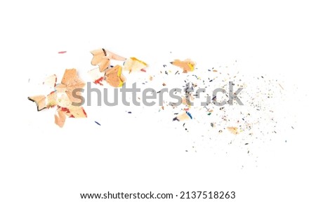 Pencil shavings, pencil lead trash isolated. Color pencils shaving garbage, scattered waste or cutting peel on white background