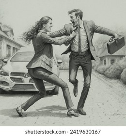 pencil sketch of a  couple, both two coming back from work, funny fighting on the driveway to get into the house first