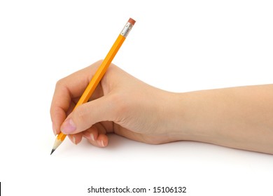 Pencil In Woman Hand Isolated On White Background