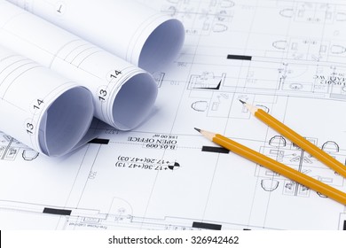 Pencils On Blueprint..architecture Blueprints, Building Plans