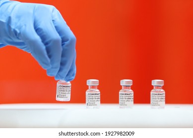 Pendang, Malaysia-Mar 2, 2021:Pfizer BioNTech Covid-19 vaccine, Comirnaty Concentrate for Dispersion for Injection has arrived to be evaluated and inject to frontliner first
