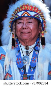 Pendleton, Oregon - 9/16/1988: An Indian Chief Of The Confederated Tribes Of The Umatilla Indian Reservation Making An Appearance At The Pendleton Roundup Rodeo.