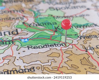 Pendleton, Oregon marked by a red map tack. The City of Pendleton is the county seat of Umatilla County, OR.