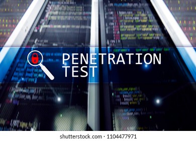 Penetration test. Cybersecurity and data protection. Hacker attack prevention. Futuristic  server room on background. 