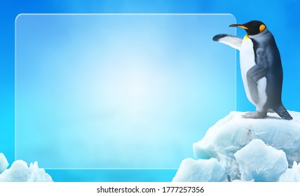 Penguin Pointing Its Flipper Wing In An Empty Space Ice Glass For Advertising Or Announcement.