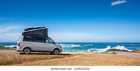 Peniche, Portugal - March 12 2022: The new 2021 Volkswagen VW Transporter Camping Van T6.1 California Ocean in the coastal Nature 