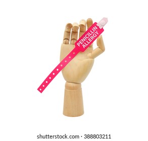 Penicillin Allergy Wristband Mannequin Hand Isolated On White Background