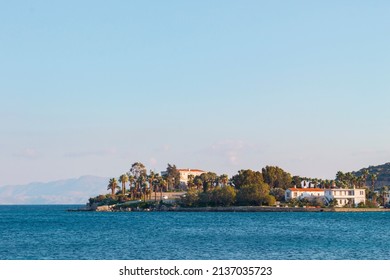 Datça Peninsula In Turkey. Blue Sea. Coastal Area. Green Trees And White Houses.