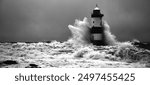 Penmon lighthouse in a storm with a huge wave crashing against it.