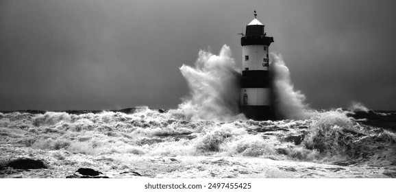 Penmon lighthouse in a storm with a huge wave crashing against it. - Powered by Shutterstock