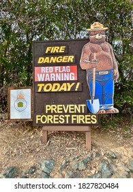 Penn Valley, California - 2020: Sign With Smokey The Bear Reads Fire Danger Red Flag Warning Today. Prevent Forest Fires. Firewise Communities. The Fire Danger In Northern California Remains High.