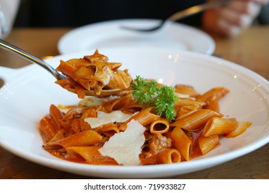 Penne With Parma Ham, Mushroom In Vodka And Paprika Cream Sauce.