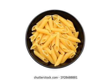 Penne Pasta In A Black Bowl Isolated On White Background