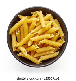 Penne Pasta In Bowl, Isolated On White Background, Top View