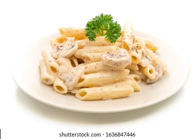 penne pasta carbonara cream sauce with mushroom isolated on white background - Shutterstock ID 1636847446