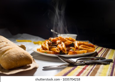 Penne Pasta In Creamy Vodka Tomato Sauce With Mushrooms Peas And Spinach