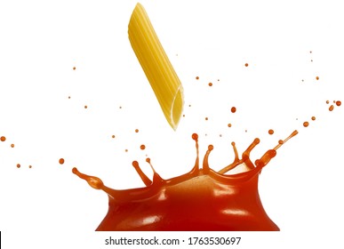 Penne Pasta Falling Into A Tomato Sauce Splash Isolated On White Background