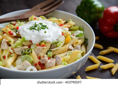  Penne Pasta Salad With Fried Chicken Meat, Lettuce, Red Pepper, Scallion And Sour Cream Dressing