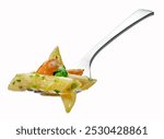 Penne pasta with salmon,pea and sauce of peas on fork isolated on white, accurate clipping path embedded.

