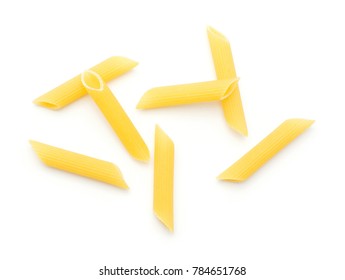 Penne Rigate Top View Isolated On White Background Seven Dry Raw Pasta Pieces
