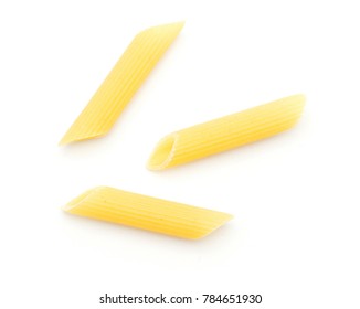 Penne Rigate Top View Three Raw Dry Pasta Pieces Isolated On White Background
