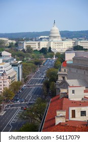 Pennsylvania Avenue, Washington DC, Aerial View With Capitol Hill Building And Street