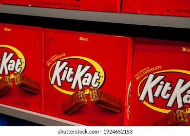 
Pennsylvania, New York, USA - March 2, 2020: KitKat Candy Bars On The Shelf In Store. Kit Kat Is A Chocolate-covered Wafer Bar By The H. B. Reese Candy Company, A Division Of The Hershey Company. 
