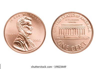 penny macro both sides, one American cent coin isolated on white