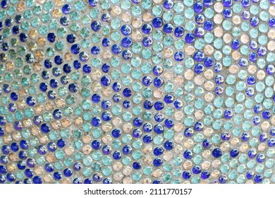 Penny round mosaic tiles. Round circle tile. Glass abstract round multicolor mosaic pattern. Mosaic background of round glass blue turquoise balls in wall. Colored mosaic square for background texture - Shutterstock ID 2111770157
