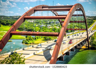 Pennybacker Bridge Or 360 Bridge An Austin Texas Landmark High Aerial Drone View Of Texas Hill Country Landscape