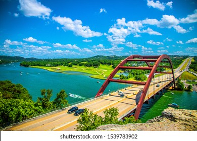 Pennybacker Bridge Or 360 Bridge An Austin Texas Landmark Tree Overlook View Of The Texas Hill Country Landscape Vast Highway Suspension Bridge The Spans Across The Colorado RIver