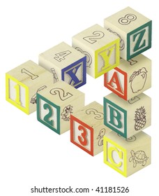 A Penrose Triangle Created From Alphabet Blocks. Letters A,B,C, X,Y And Z And Numbers 123 Are Featured.