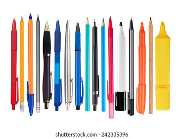 Pens and pencils on white background - Shutterstock ID 242335396