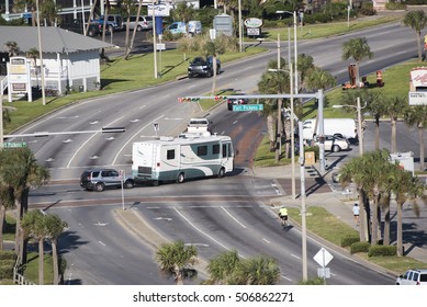 Pensacola Beach Florida USA - October 2016 - Overview Of A RV Towing A Car Over A Road Junction Controlled By A Traffic Light