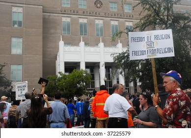 PENSACOLA, FL - SEPTEMBER 17: Protesters in Pensacola support highschool educators on September 17, 2009. The educators are on federal trial following the ACLU charge that they prayed in school.
