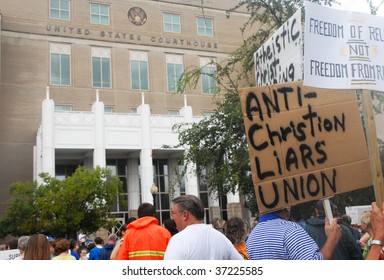 PENSACOLA, FL - SEPTEMBER 17: Protesters in Pensacola support highschool educators on September 17, 2009. The educators are on federal trial following the ACLU charge that they prayed in school.