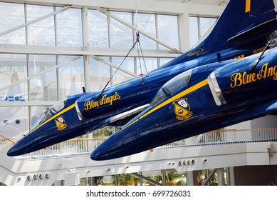 Pensacola, FL, USA September 15,  F A 18 Hornets Blue Angels Are Suspended Over The Naval Air Museum In Pensacola, Florida