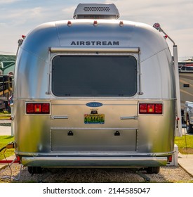 PENSACOLA, FLORIDA - OCTOBER 20, 2021:  Closeup of back of Airstream travel trailer parked in rv park